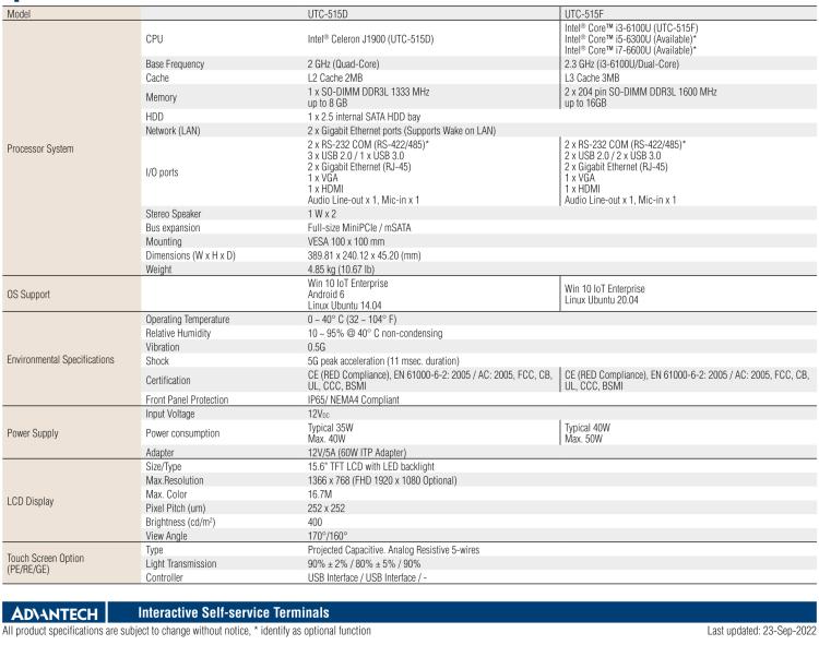 研華UTC-515F 15.6" 多功能觸控一體機，內(nèi)置Intel? Skylake Core? i3-6100U處理器