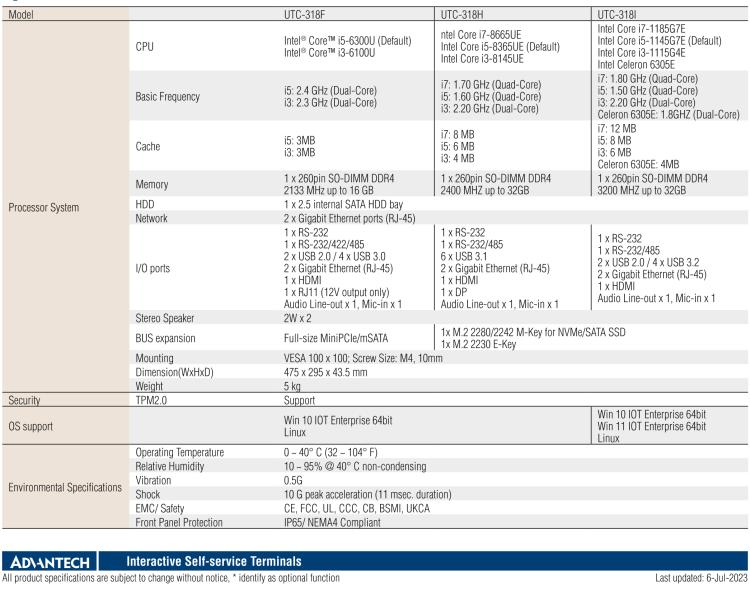 研華UTC-318H 18.5" 多功能觸控一體機(jī)，內(nèi)置 Intel? Core? i5-8365UE / Core? i3-8145UE