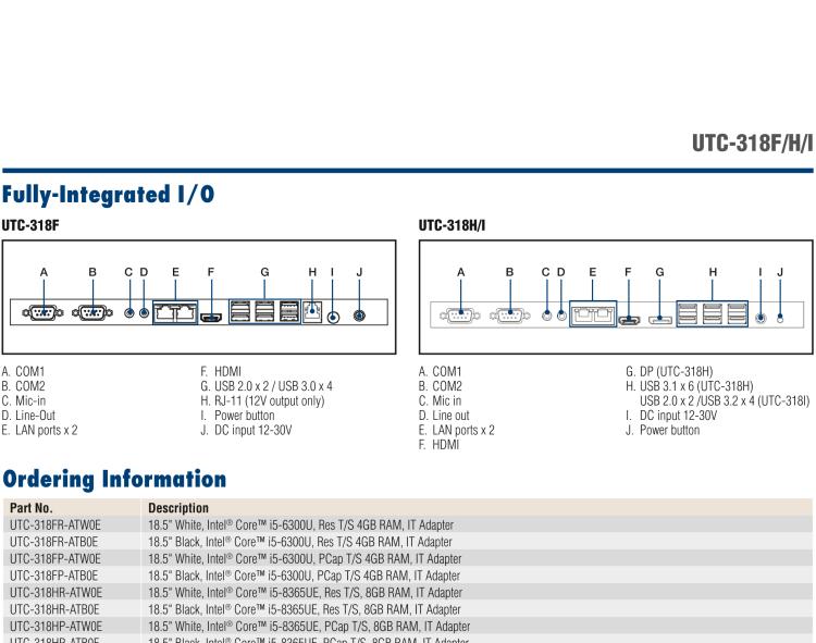 研華UTC-318H 18.5" 多功能觸控一體機(jī)，內(nèi)置 Intel? Core? i5-8365UE / Core? i3-8145UE