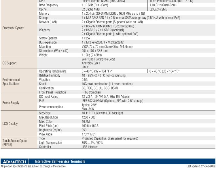 研華UTC-310G 10.1" 多功能觸控一體機(jī)，Intel? Celeron? N3350/Pentium? N4200 處理器