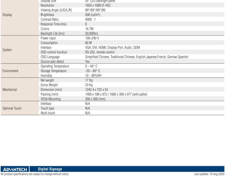 研華DSD-7055 55" 全高清廣告牌顯示器，500尼特亮度，帶SDM插槽