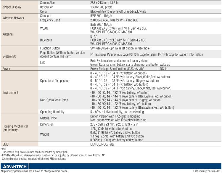 研華EPD-660 13.3"電子紙解決方案，Wi-Fi，用于醫(yī)院床邊卡和智能建筑標(biāo)牌。