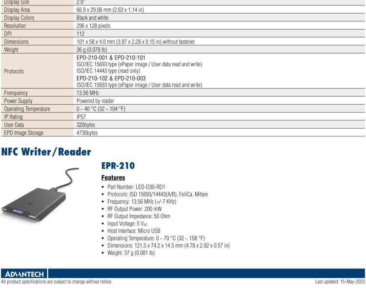 研華EPD-210 2.9" 電子紙解決方案，NFC、無(wú)電池，用于倉(cāng)庫(kù)、物流箱和名片。