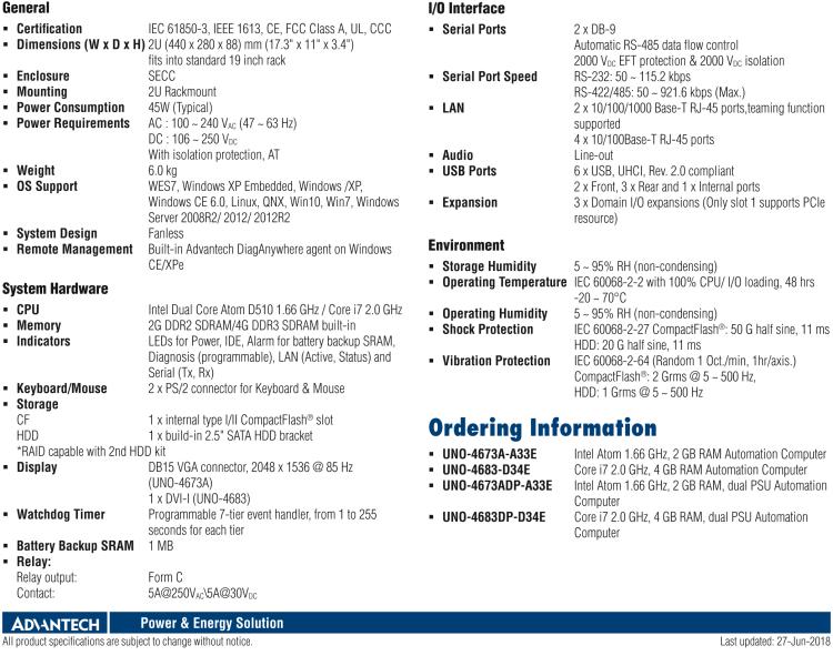 研華UNO-4673A Intel? Atom ? D510 變電站專用機，帶6×LAN, 2×COM, 3×擴展槽