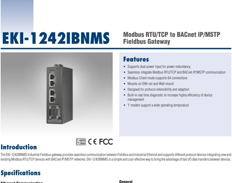 研華EKI-1242IBNMS Modbus RTU/TCP to BACnet IP/MSTP Fieldbus Gateway, Wide Temperature