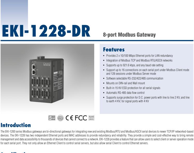 研華EKI-1228-DR 8-Port Modbus Gateway