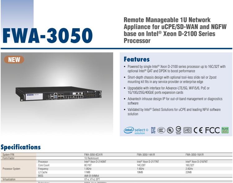 研華FWA-3050 基于Intel?Xeon D-2100系列處理器，用于uCPE和下一代防火墻的遠(yuǎn)程可管理1U網(wǎng)絡(luò)應(yīng)用平臺(tái)