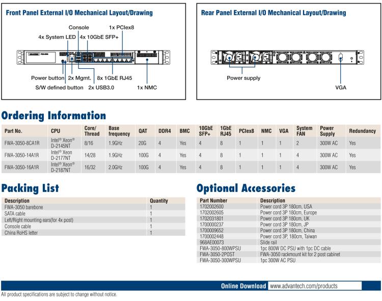 研華FWA-3050 基于Intel?Xeon D-2100系列處理器，用于uCPE和下一代防火墻的遠(yuǎn)程可管理1U網(wǎng)絡(luò)應(yīng)用平臺(tái)