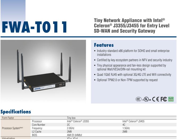 研華FWA-T011 基于Intel? Celeron? N3350/J3455 入門級(jí)SD-WAN，安全網(wǎng)關(guān)微型網(wǎng)絡(luò)應(yīng)用平臺(tái)