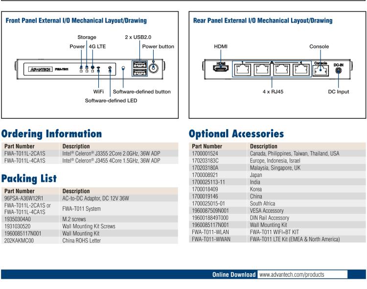 研華FWA-T011 基于Intel? Celeron? N3350/J3455 入門級(jí)SD-WAN，安全網(wǎng)關(guān)微型網(wǎng)絡(luò)應(yīng)用平臺(tái)