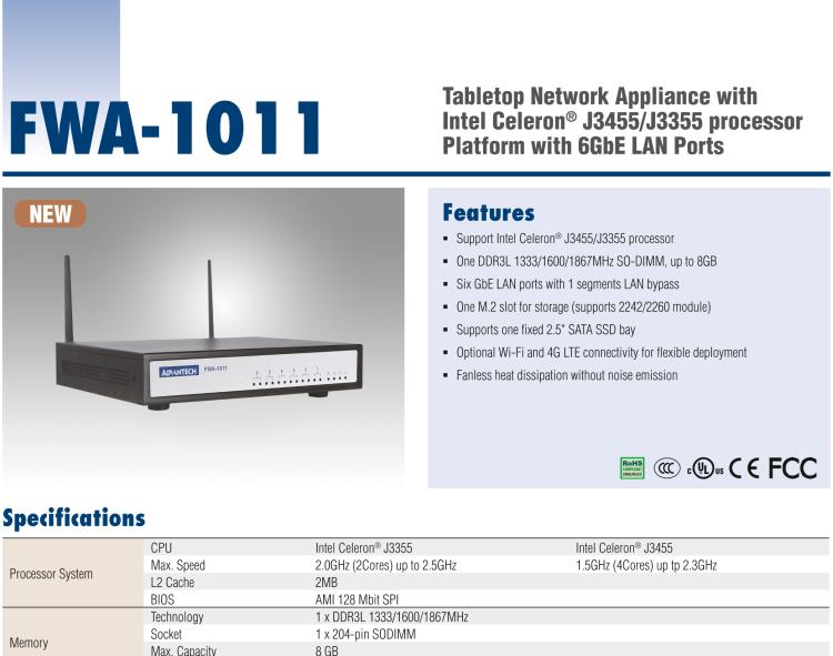 研華FWA-1011 基于Intel Celeron?J3455/J3355處理器平臺和6GbE LAN端口的桌面網(wǎng)絡(luò)應(yīng)用平臺