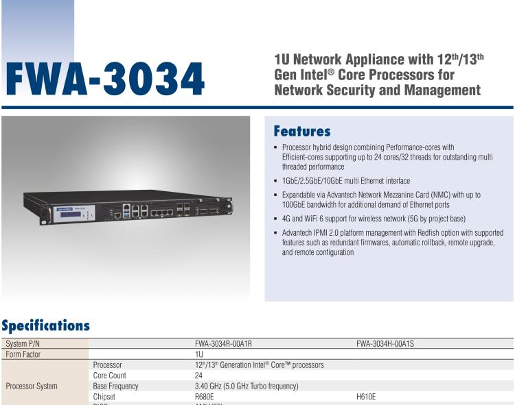 研華FWA-3034 1U Network Appliance with 12th/13th Gen Intel? Core Processors for Network Security and Management