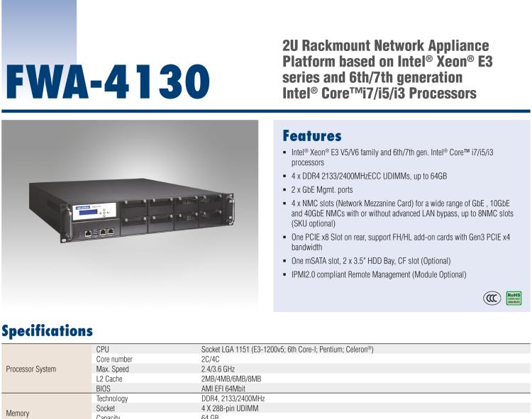 研華FWA-4130 基于第六代/第七代Intel?Xeon?E3和 Intel?core?i7 / i5 / i3系列處理器 2U機架式網(wǎng)絡(luò)應(yīng)用平臺