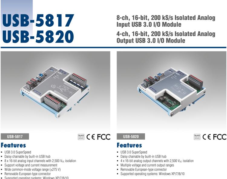 研華USB-5820 4通道，16位，200 kS / s隔離模擬輸出USB 3.0 I/O模塊