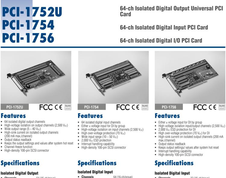 研華PCI-1756 64路隔離數(shù)字量I/O卡