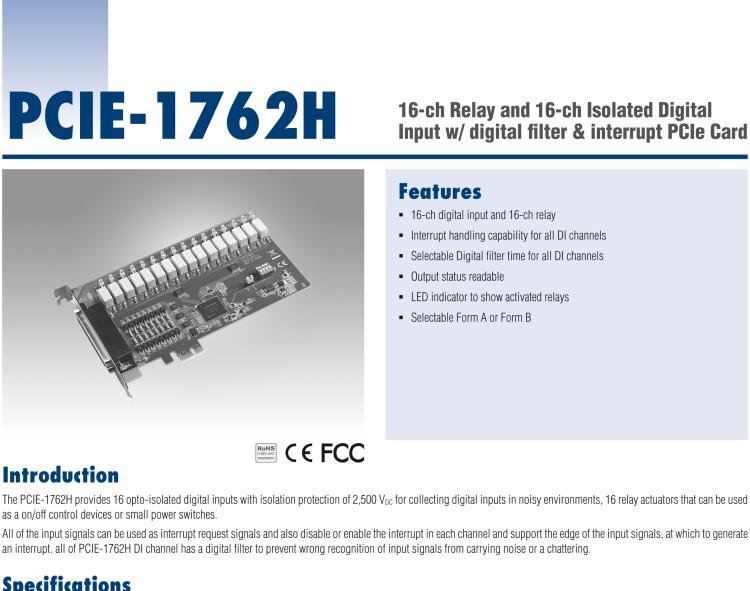 研華PCIE-1762H 16 通道繼電器和 16 通道隔離數(shù)字輸入，帶數(shù)字濾波器和中斷 PCIe 卡