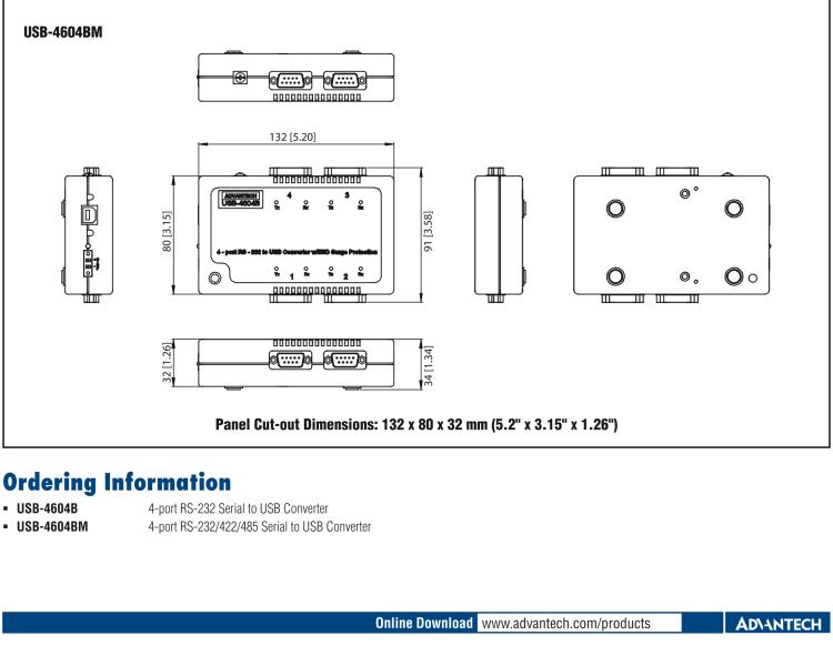 研華USB-4604BM USB轉4端口RS-232/422/485 轉換器，帶浪涌保護