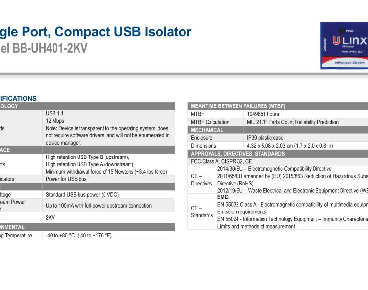 研華BB-UH401-2KV USB 2.0 2 kV隔離器，1端口，12 Mbps全速