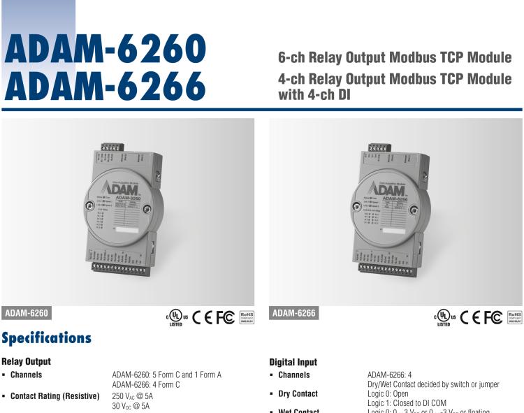 研華ADAM-6266 支持Modbus TCP的4路繼電器輸出模塊，帶4路DI