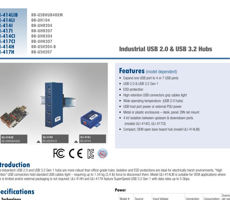 研華BB-USBHUB4OEM ULI-414LIB-工業(yè)USB 2.0集線器，4端口，高穩(wěn)固力連接器