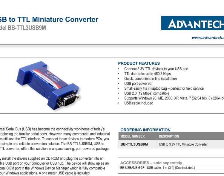 研華BB-TTL3USB9M 串口轉(zhuǎn)換器，USB 2.0至3.3 V TTL DB9 公頭