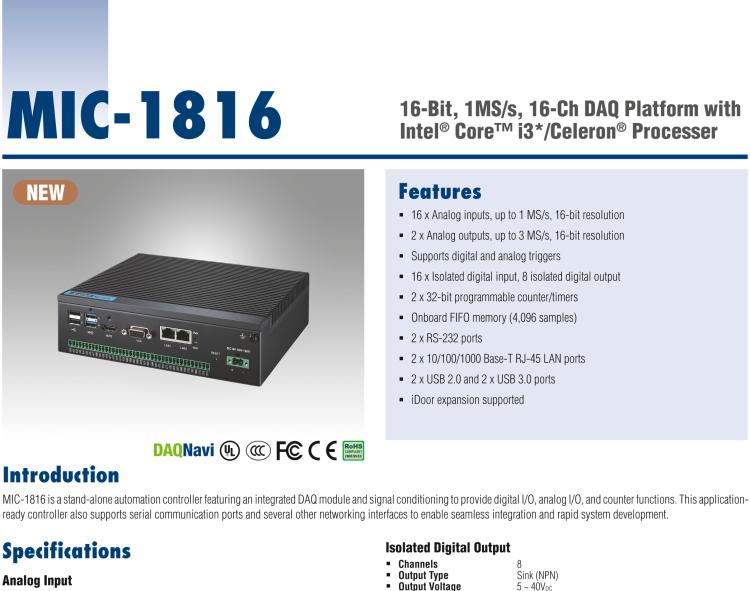 研華MIC-1816 具有Core?i3 /Celeron?處理器的16位，1 MS / s，16通道DAQ平臺