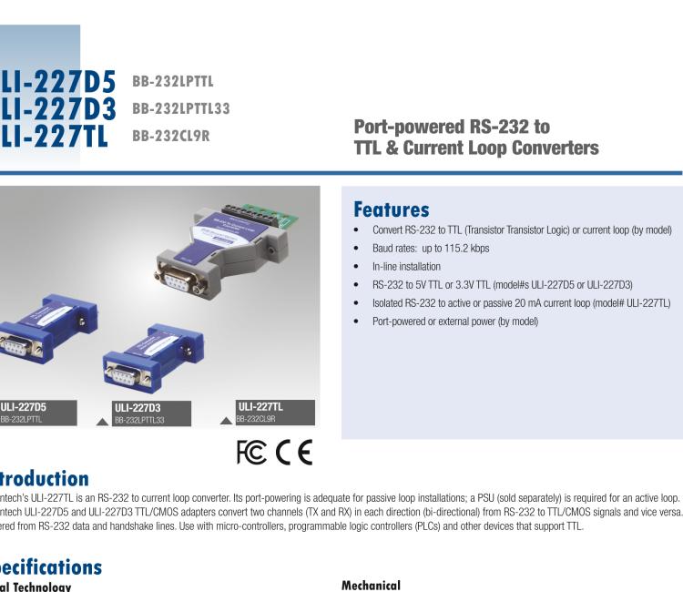 研華BB-232LPTTL ULI-227D5 RS-232（DB9母頭）至5V TTL（DB9公頭）轉(zhuǎn)換器，端口供電