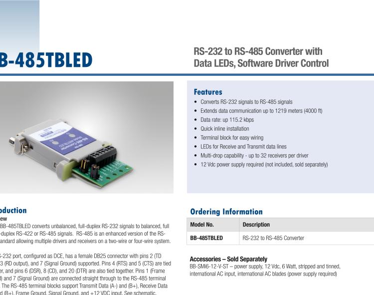 研華BB-485TBLED 串口轉(zhuǎn)換器，RS-232 DB25 母頭至RS-485 TB