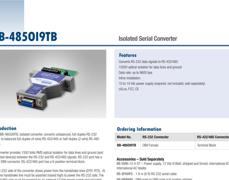 研華BB-485OI9TB 串口轉(zhuǎn)換器，RS-233 DB9母頭至RS-422/485 TB