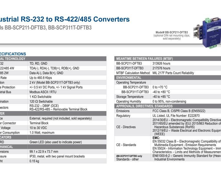 研華BB-SCP311T-DFTB3 ULI-224THC 寬溫度范圍、隔離式、RS-232 至 422/485 轉(zhuǎn)換器