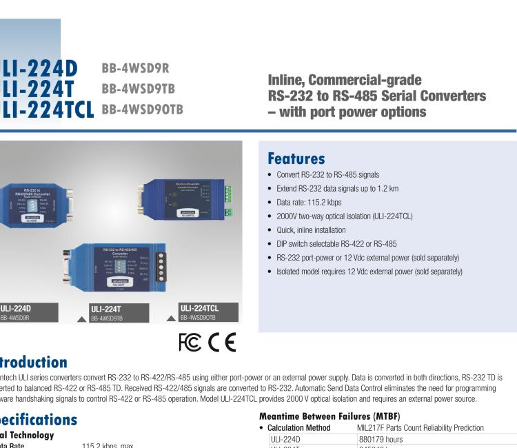 研華BB-485BAT3 ULI-224TB RS-232（DB9母頭至RS-422/485（接線端子）轉(zhuǎn)換器，電池供電