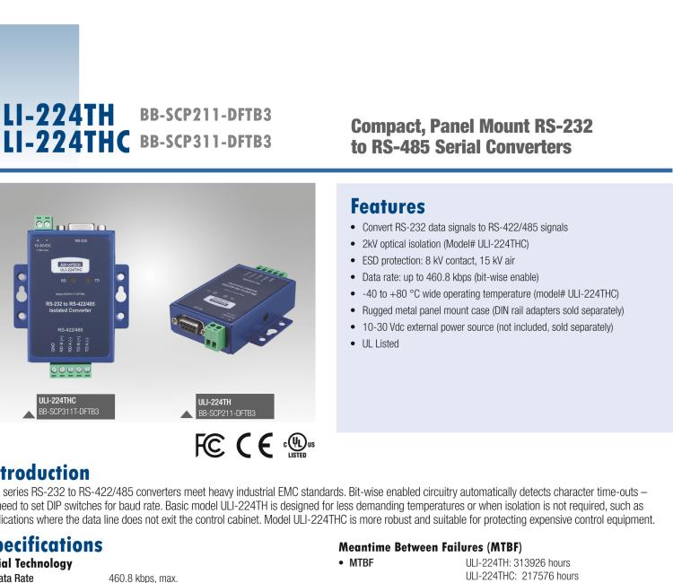 研華BB-485BAT3 ULI-224TB RS-232（DB9母頭至RS-422/485（接線端子）轉(zhuǎn)換器，電池供電