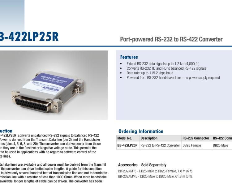 研華BB-422LP25R 串口轉(zhuǎn)換器，RS-232 DB-25 F至RS-422 DB25 M，端口供電