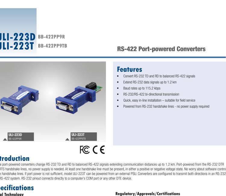 研華BB-422PP9TB ULI-223T RS-232（DB9母頭）至RS-422（接線端子）轉(zhuǎn)換器，端口供電