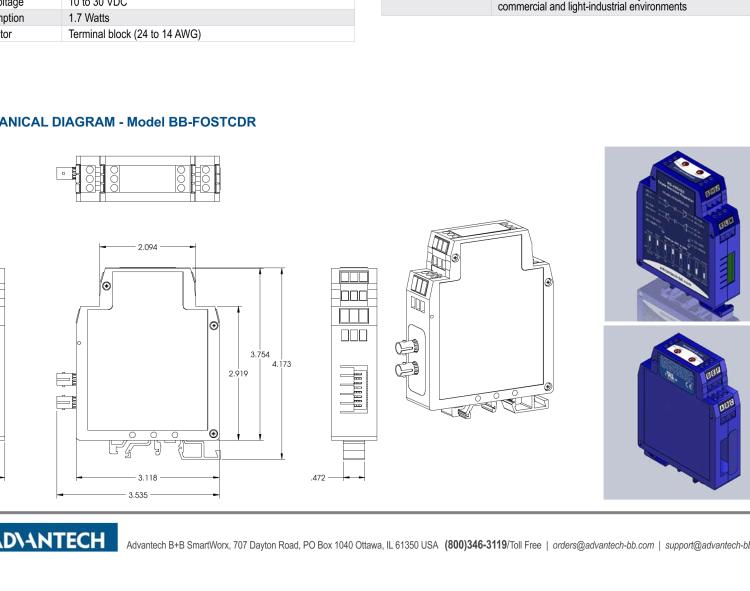 研華BB-FOSTCDR-INV 串口轉換器，RS-232/422/485 TB至MM光纖ST（反向），工業(yè)DIN