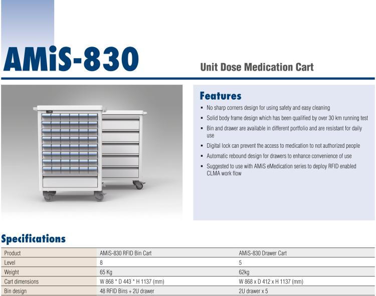 研華AMiS-830 AMiS UD Medication Cart can be used to transfer the RFID-tagged medication bins from the pharmacy to the nursing station or patient wards.