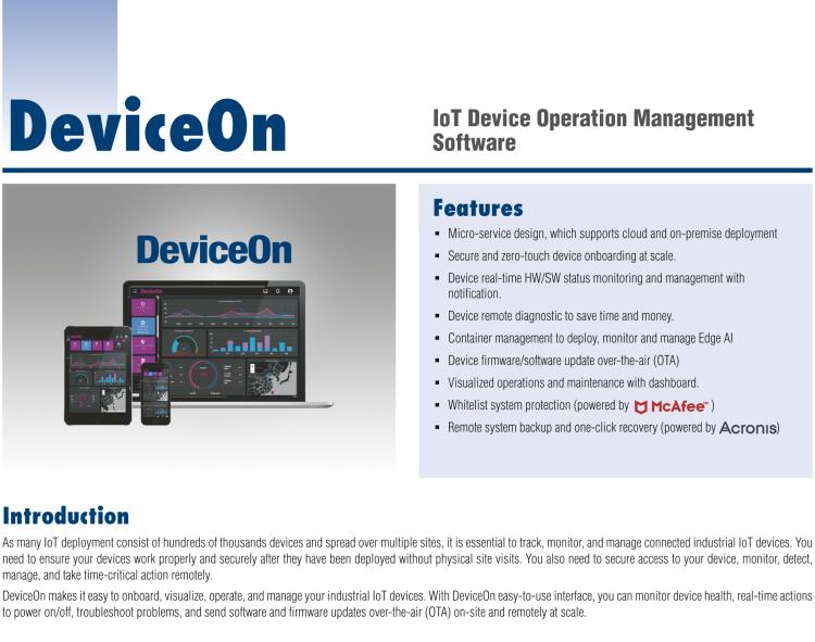 研華DeviceOn DeviceOn.DM是IoT設(shè)備管理，可遠(yuǎn)程管理連接的設(shè)備并提供集中式管理功能。